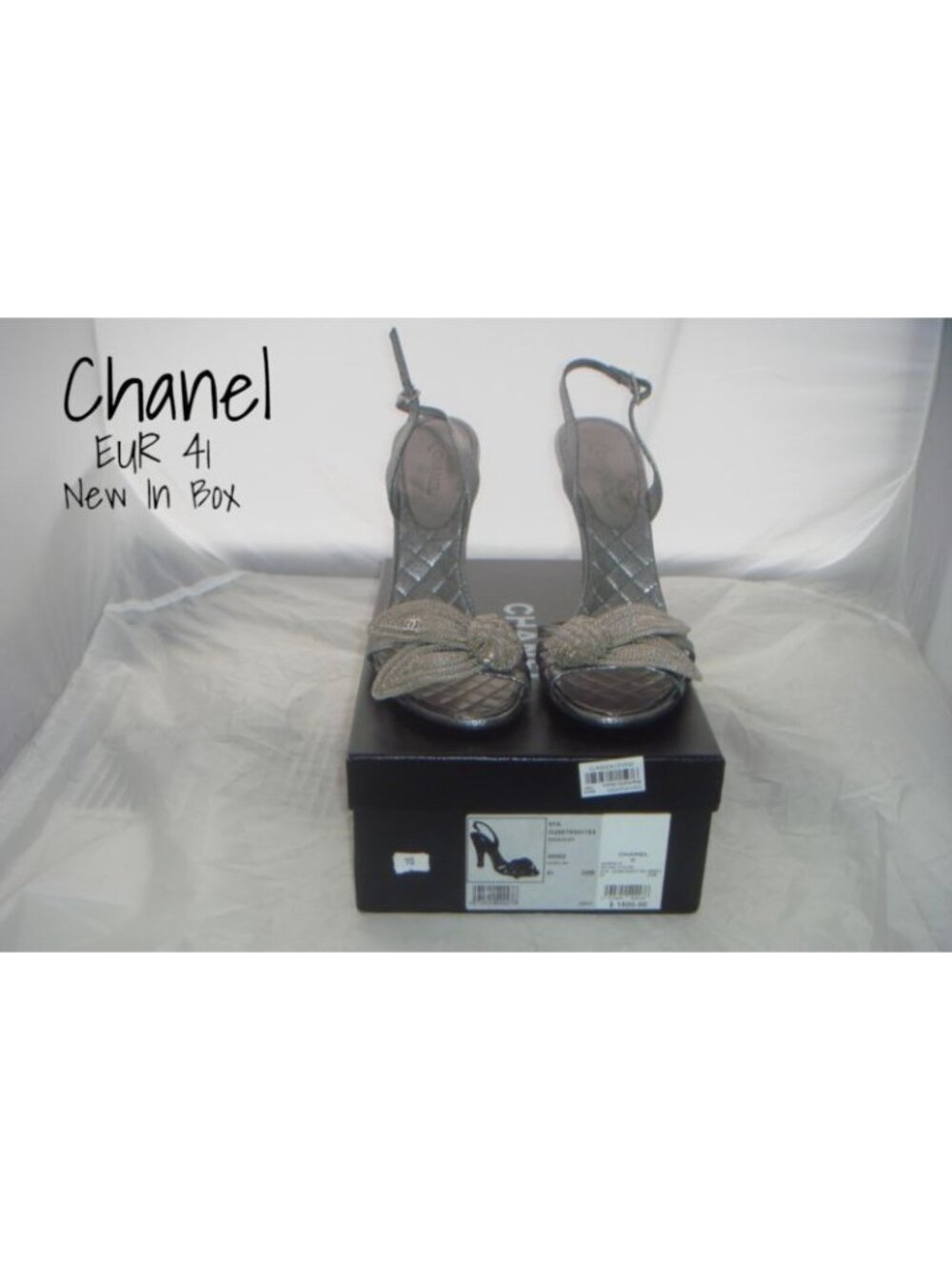 Authentic Chanel Silver Arget Leaf Evening High Heels Sandals Size 41 New in Box